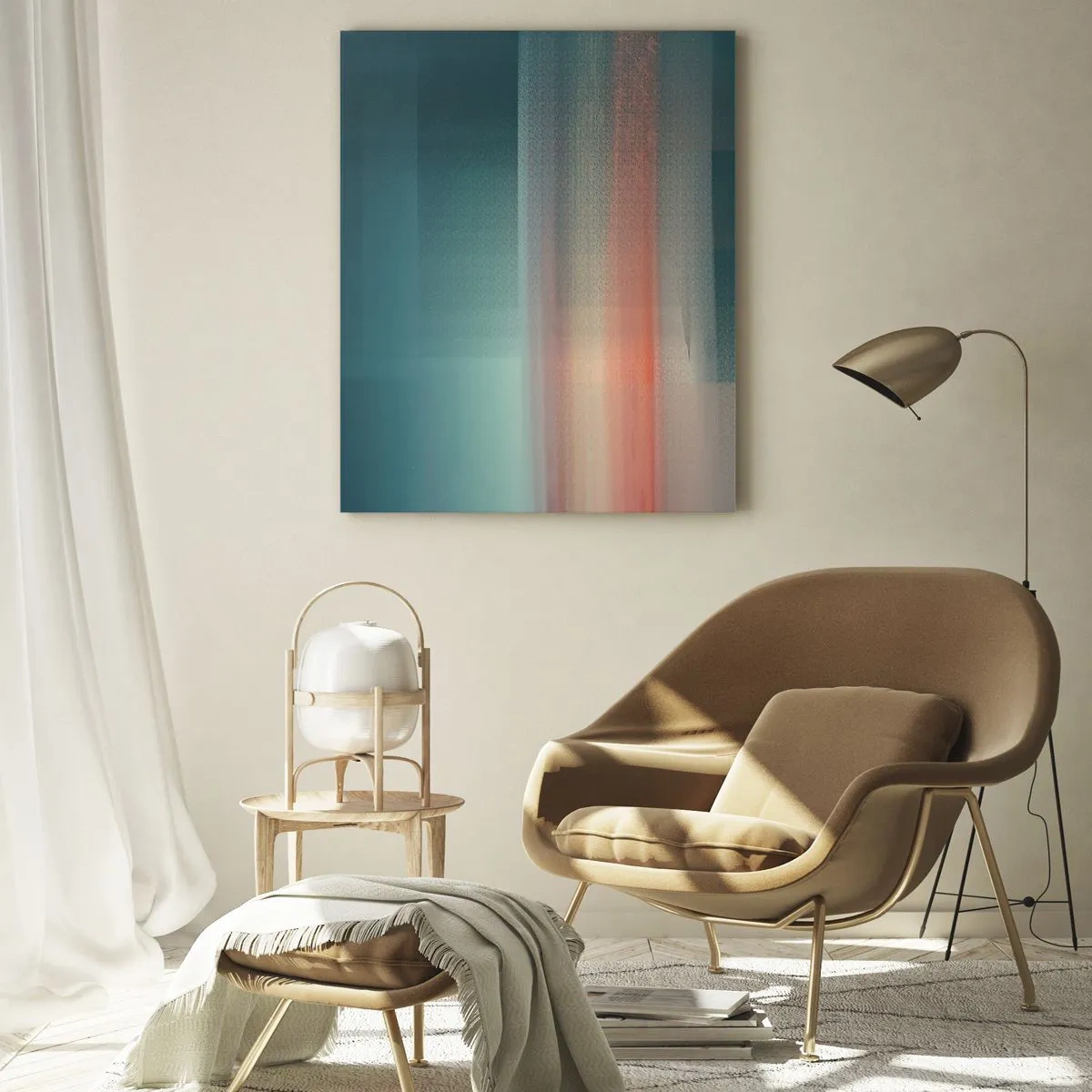 Cuadro sobre vidrio - Impresiones sobre Vidrio - Una abstracción pastel que recuerda las ondas de luz al atardecer. - 50x70cm - Abstracción: ondas de luz - Decoración de pared moderna para salón y dormitorio ARTTOR