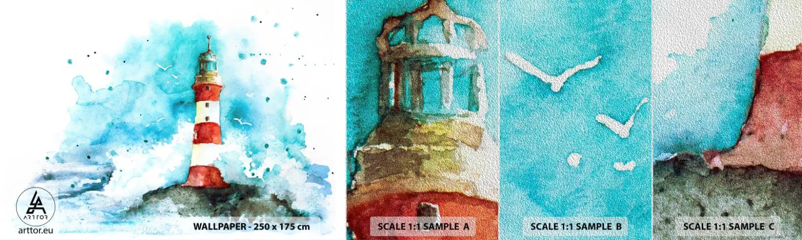 Muestra de fotomural Premium Sand - La unidad de los elementos - Faro, Paisaje, Gráficos - 100x30 cm