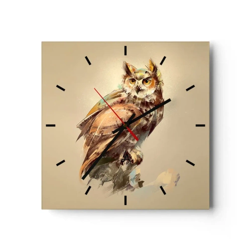 Reloj de pared - Reloj de vidrio - Retrato artístico de un búho sobre un fondo claro en tonos cálidos. - 30x30cm - Sabiduría de búho - Decoración de pared moderna para salón y dormitorio ARTTOR