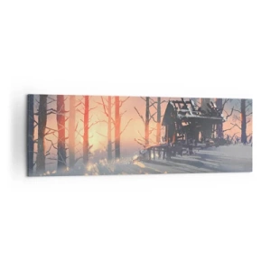 Cuadro sobre lienzo - Impresión de Imagen - Una cabaña forestal en un paisaje invernal con los rayos del sol poniente. - 160x50cm - Solo el sol es testigo - Decoración de pared moderna para salón y dormitorio ARTTOR