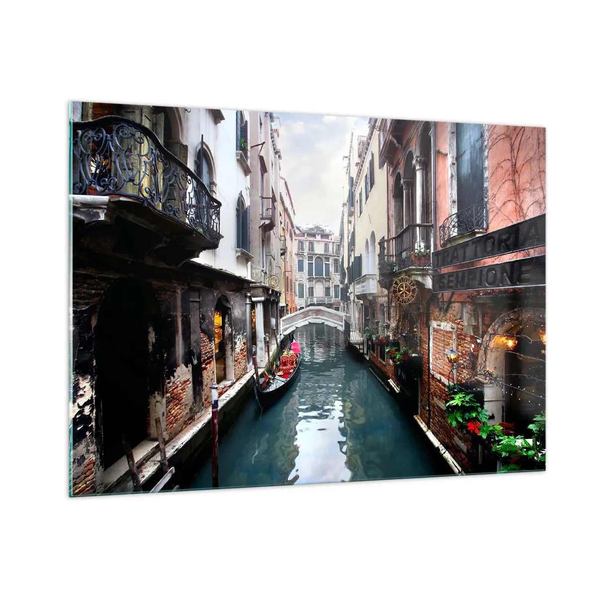 Cuadro sobre vidrio - Impresiones sobre Vidrio - Un canal veneciano con una góndola rodeada de edificios históricos. - 100x70cm - Paisaje veneciano con góndola y puente - Decoración de pared moderna para salón y dormitorio ARTTOR