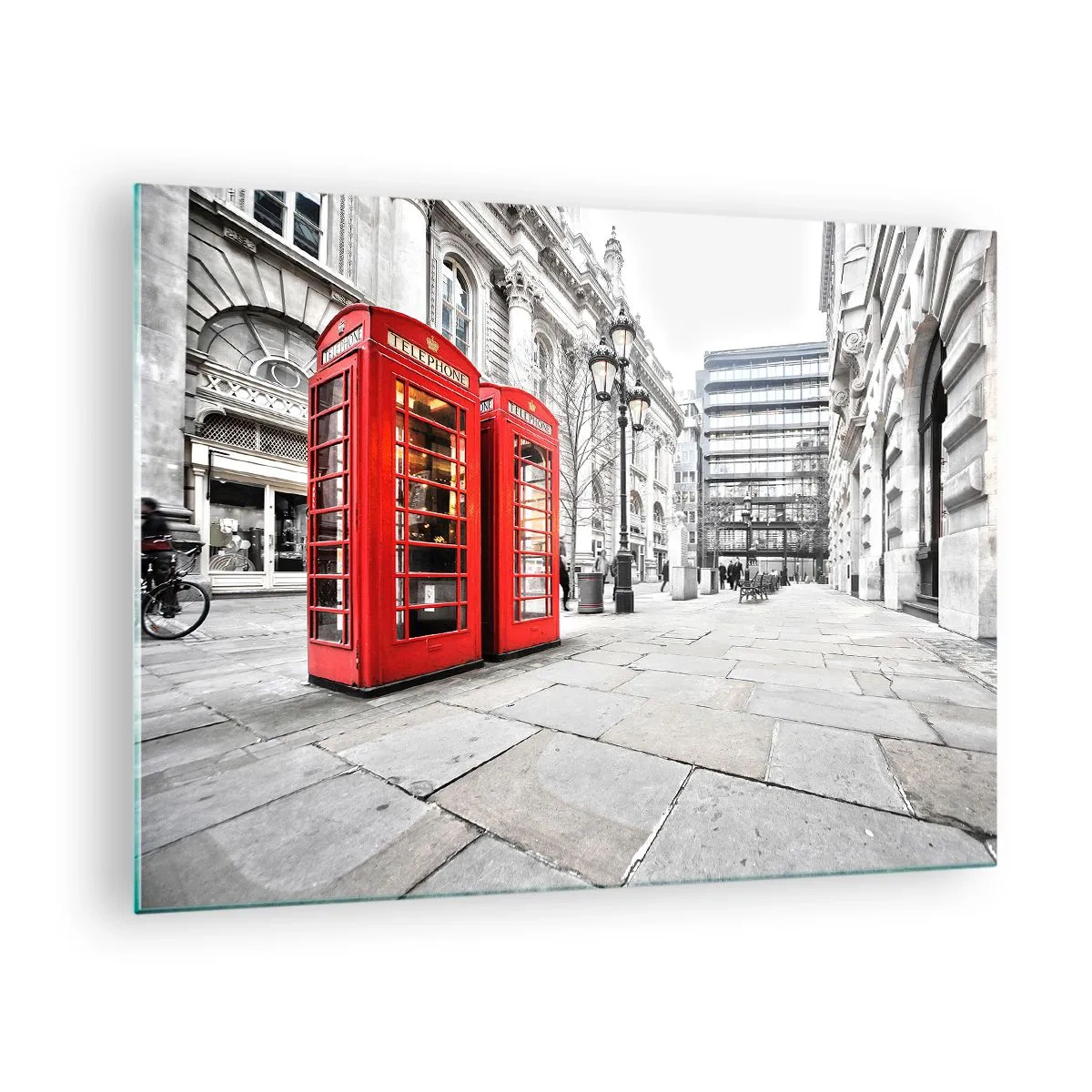 Cuadro sobre vidrio - Impresiones sobre Vidrio - Cabinas telefónicas rojas con el telón de fondo de una calle de la ciudad - 70x50cm - Bienvenido a Londres - Decoración de pared moderna para salón y dormitorio ARTTOR