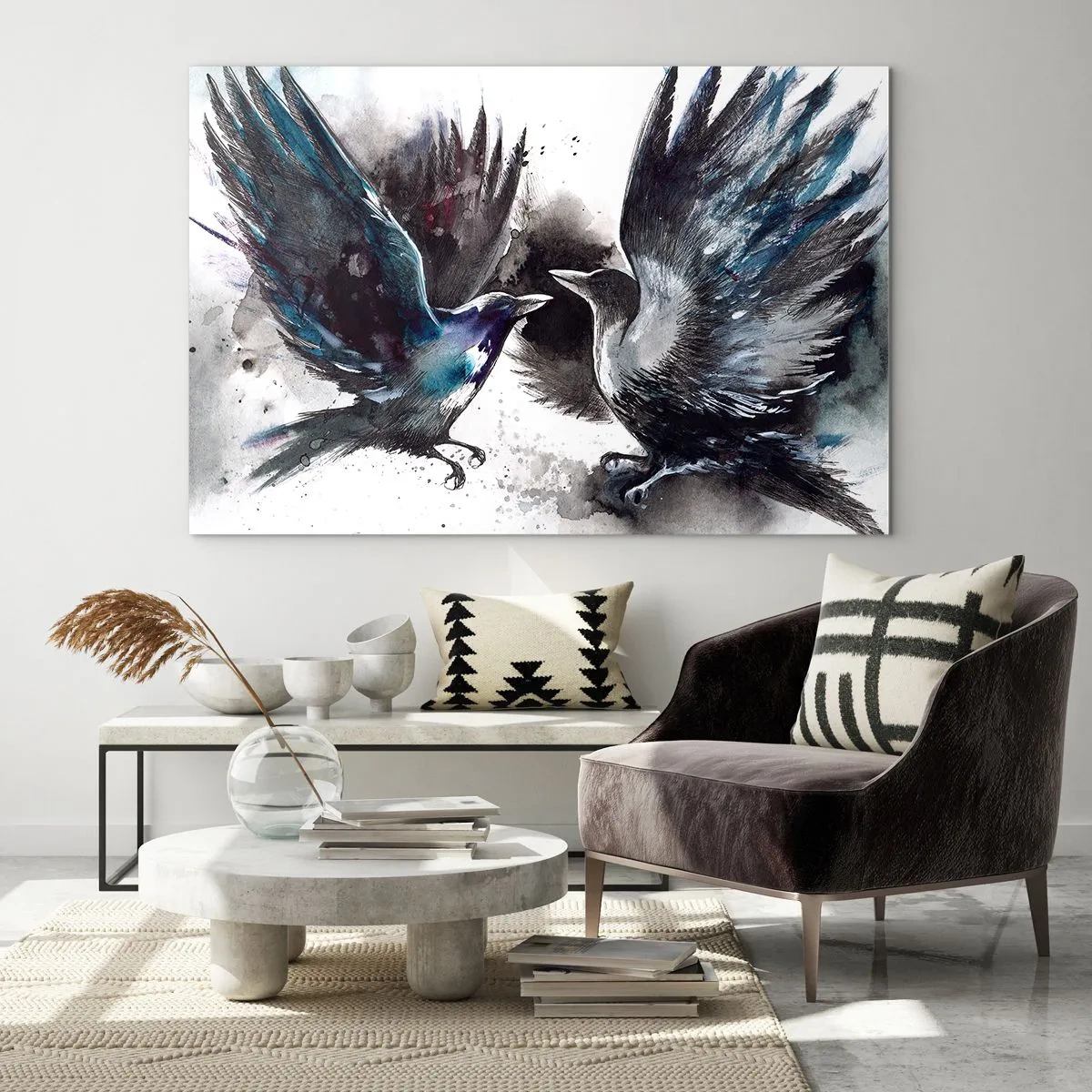 Cuadro sobre vidrio - Impresiones sobre Vidrio - Dos cuervos en una pose dinámica con las alas extendidas. - 70x50cm - De cuervo a cuervo... - Decoración de pared moderna para salón y dormitorio ARTTOR