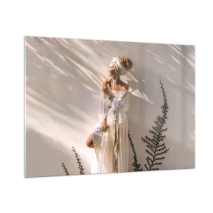 Cuadro sobre vidrio - Impresiones sobre Vidrio - Una mujer con estilo boho sobre el fondo de una pared clara y sombras de plantas. - 100x70cm - El sol y la joven - Decoración de pared moderna para salón y dormitorio ARTTOR