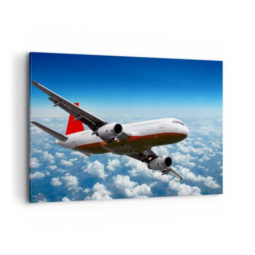 Cuadro sobre lienzo - Impresión de Imagen - Un avión de pasajeros volando sobre las nubes contra un cielo azul. - 100x70cm - Aléjese de todo - Decoración de pared moderna para salón y dormitorio ARTTOR