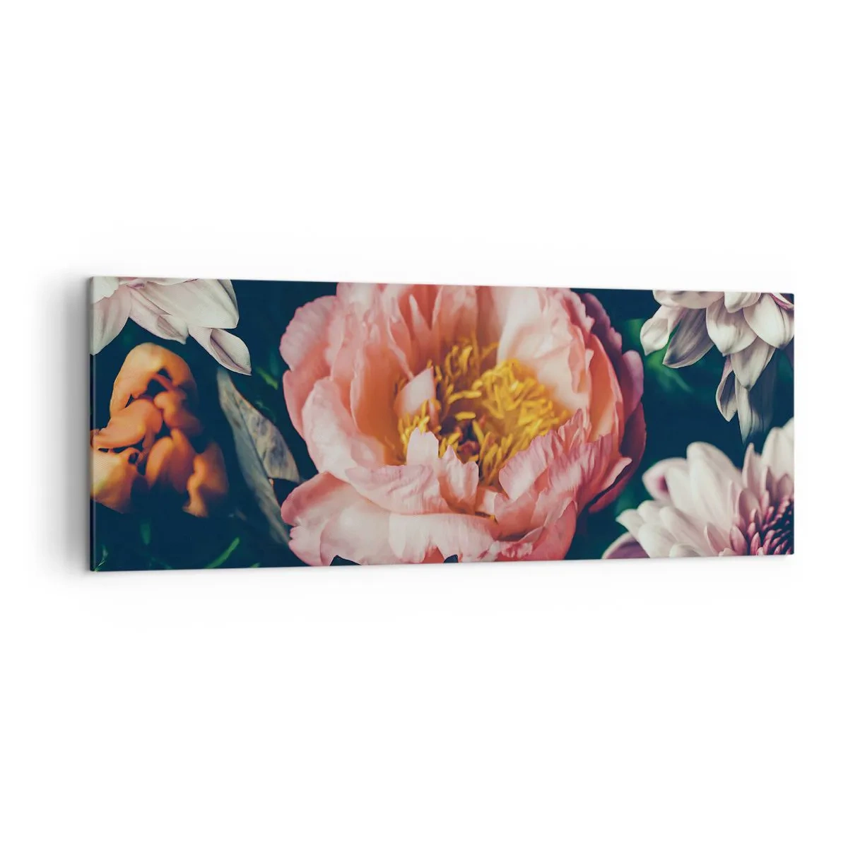 Cuadro sobre lienzo - Impresión de Imagen - Arreglo floral con peonías y crisantemos sobre fondo oscuro. - 140x50cm - Con esplendor barroco - Decoración de pared moderna para salón y dormitorio ARTTOR