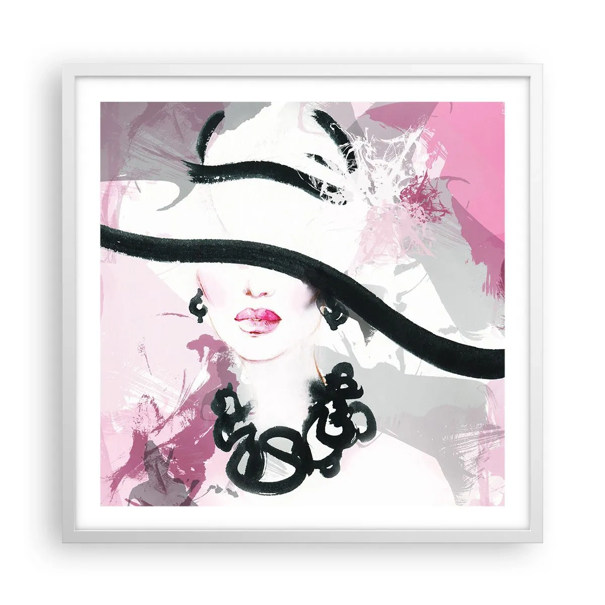 Póster en marco blanco - Retrato de una dama en negro y rosa - 60x60 cm