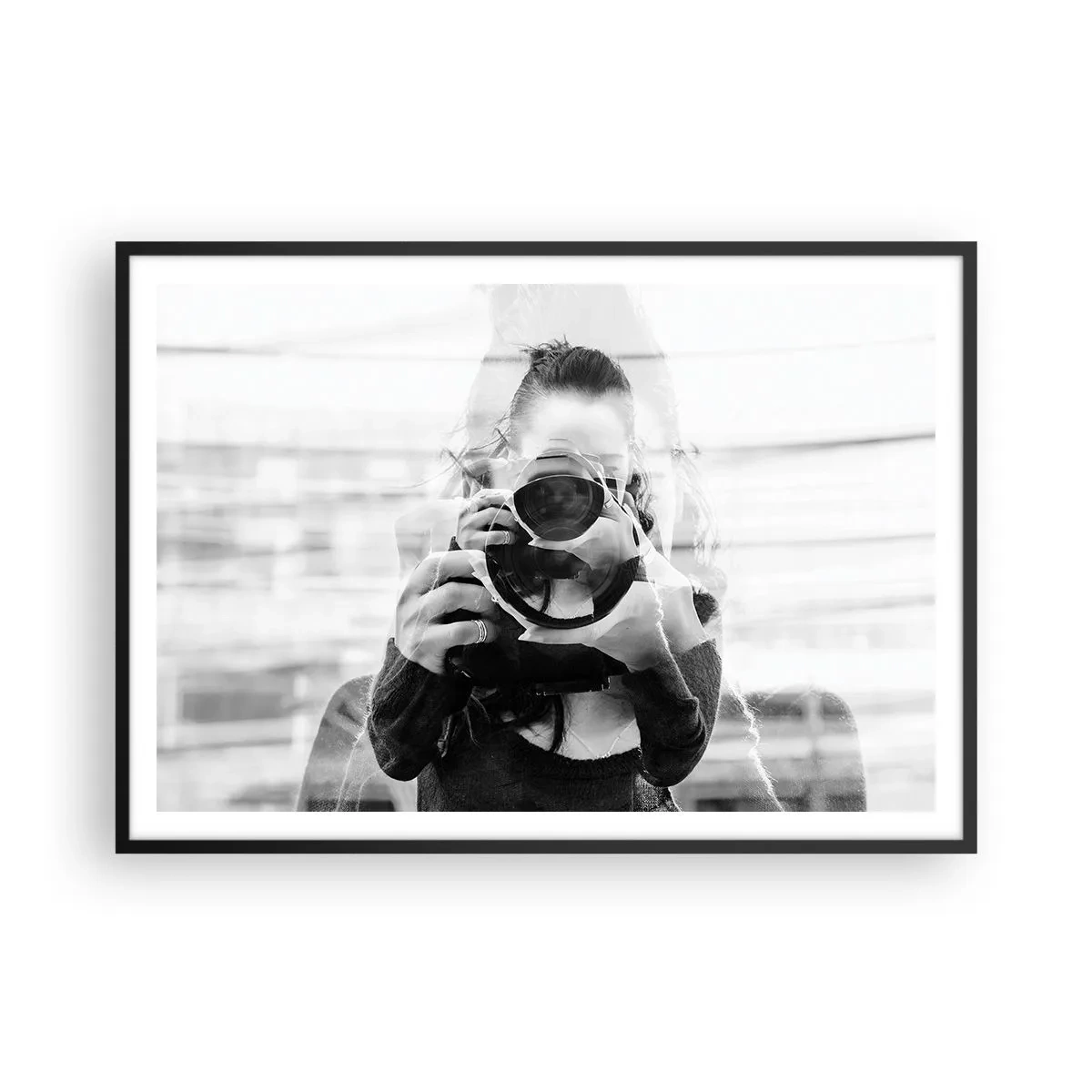 Póster en marco negro - Retrato de doble exposición en blanco y negro de un fotógrafo. - 100x70cm - Creador y creación - Decoración de pared moderna para salón y dormitorio ARTTOR