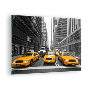 Cuadro sobre vidrio - Impresiones sobre Vidrio - Taxis amarillos en las calles de Nueva York - 70x50cm - Nosotros somos los que damos color a la ciudad - Decoración de pared moderna para salón y dormitorio ARTTOR