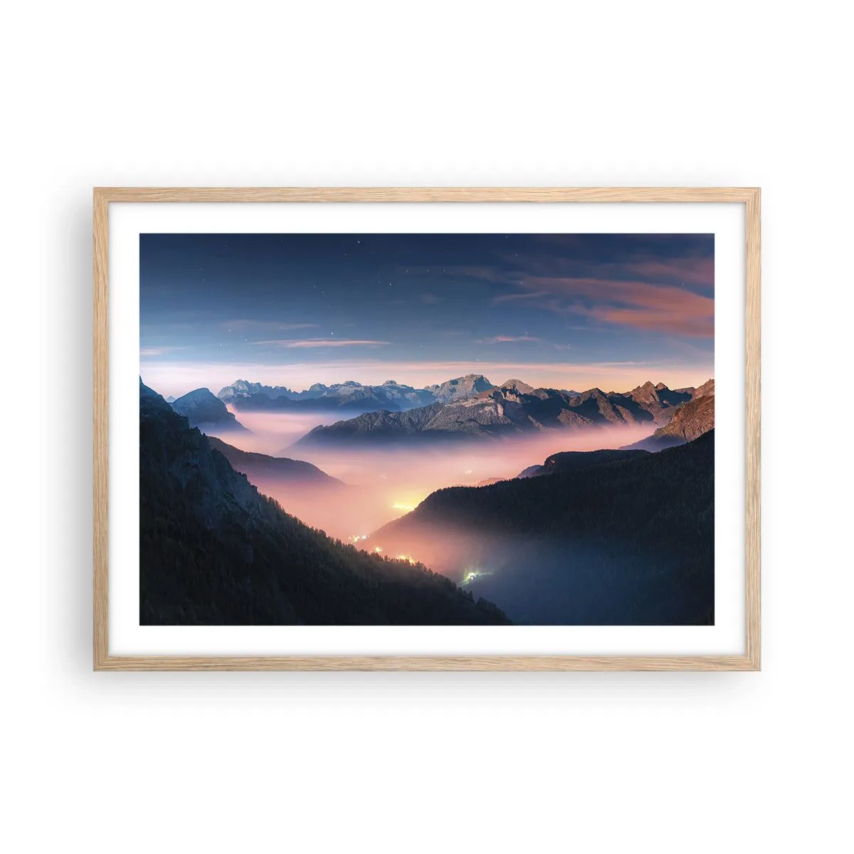 Póster en marco roble claro - Luz en los valles - 70x50 cm