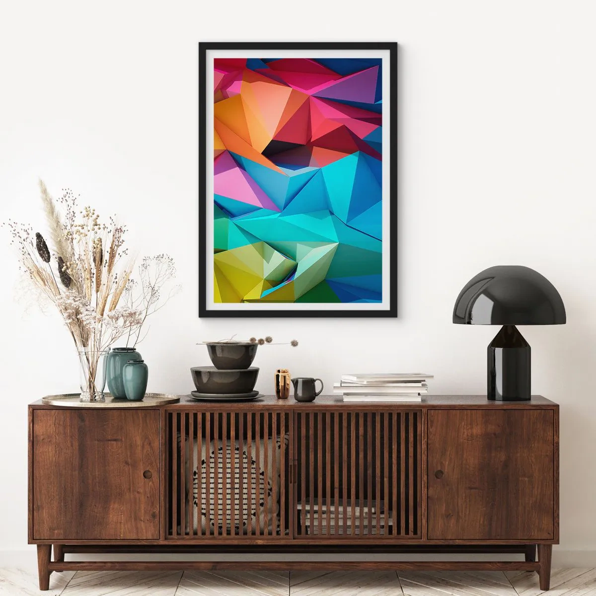 Póster en marco negro - Origami arco iris - 70x100 cm