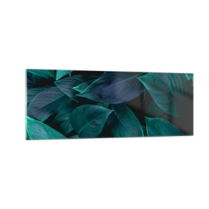 Cuadro sobre vidrio - Impresiones sobre Vidrio - Primer plano de hojas verdes con un fondo oscuro - 140x50cm - El propio verde - Decoración de pared moderna para salón y dormitorio ARTTOR