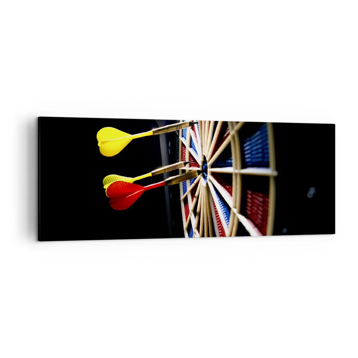 Cuadro sobre lienzo - Impresión de Imagen - Un tablero de dardos con dardos impactados sobre un fondo negro - 140x50cm - En el blanco - Decoración de pared moderna para salón y dormitorio ARTTOR