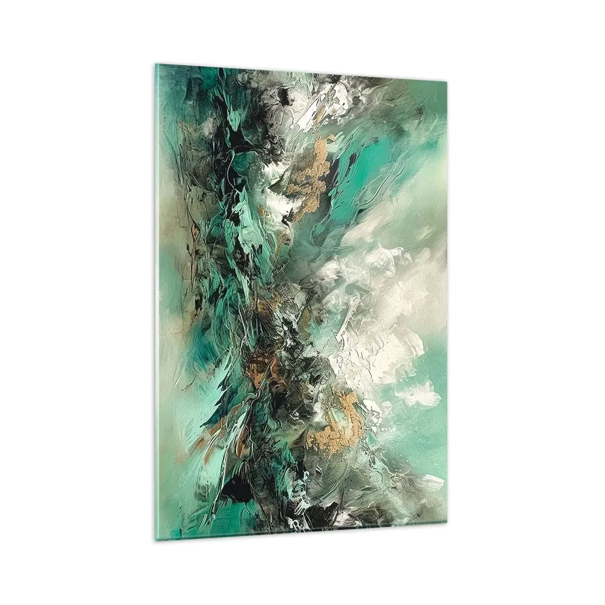 Cuadro sobre vidrio - Impresiones sobre Vidrio - Paisaje abstracto en tonos verdes y dorados. - 80x120cm - Hervor negro esmeralda - Decoración de pared moderna para salón y dormitorio ARTTOR