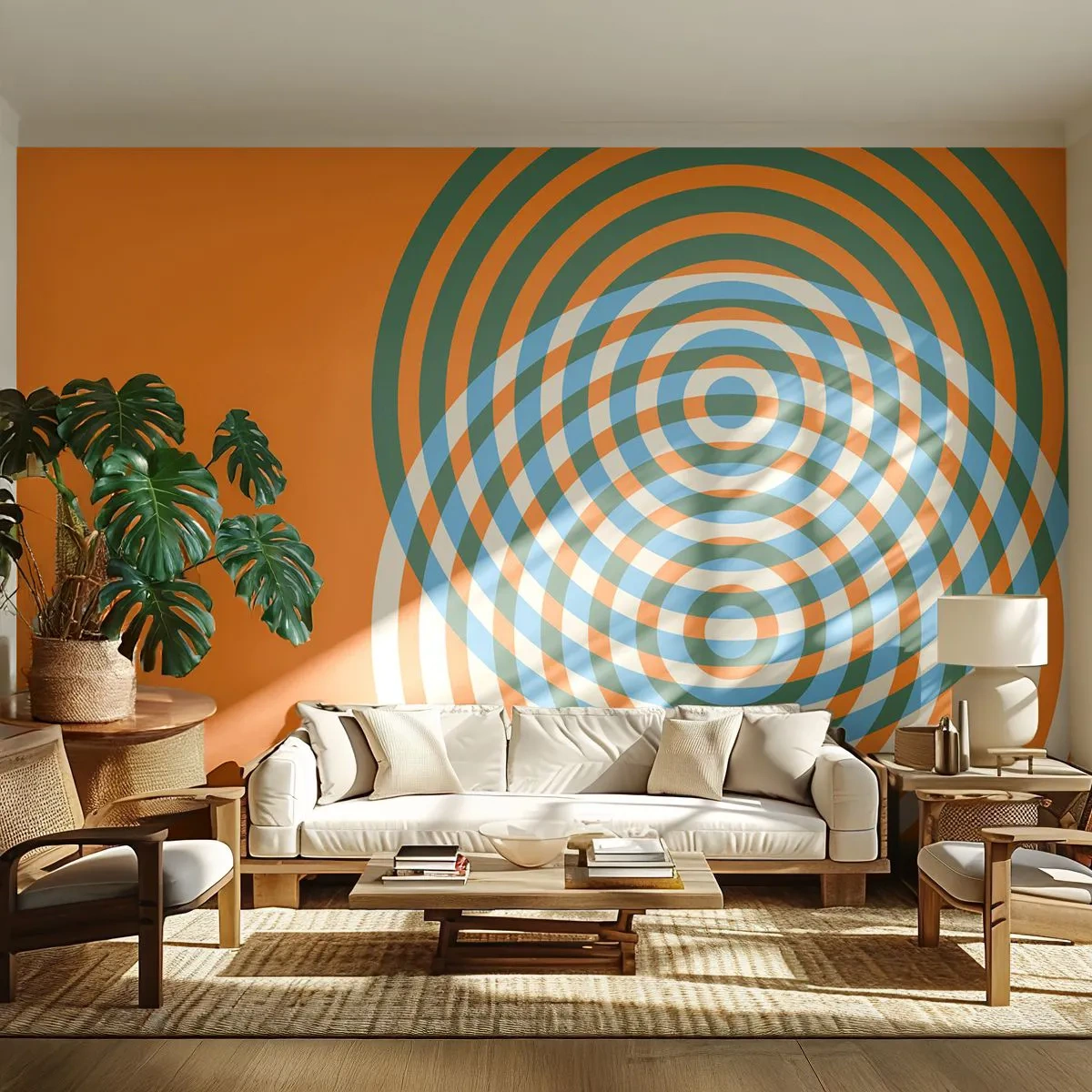 Fotomural Premium Canvas - Círculos concéntricos sobre un fondo naranja - 100x70cm - Círculos y abstracción - Decoración de pared moderna para salón y dormitorio ARTTOR