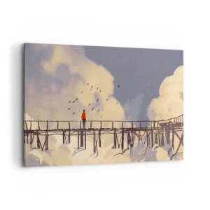 Cuadro sobre lienzo - Impresión de Imagen - Una figura en un puente entre nubes con pájaros en el cielo. - 120x80cm - Anhelo azul - Decoración de pared moderna para salón y dormitorio ARTTOR