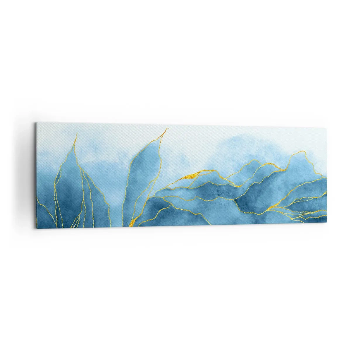 Cuadro sobre lienzo - Impresión de Imagen - Ondas abstractas en tonos azules con acentos dorados. - 160x50cm - Oro y azul - Decoración de pared moderna para salón y dormitorio ARTTOR