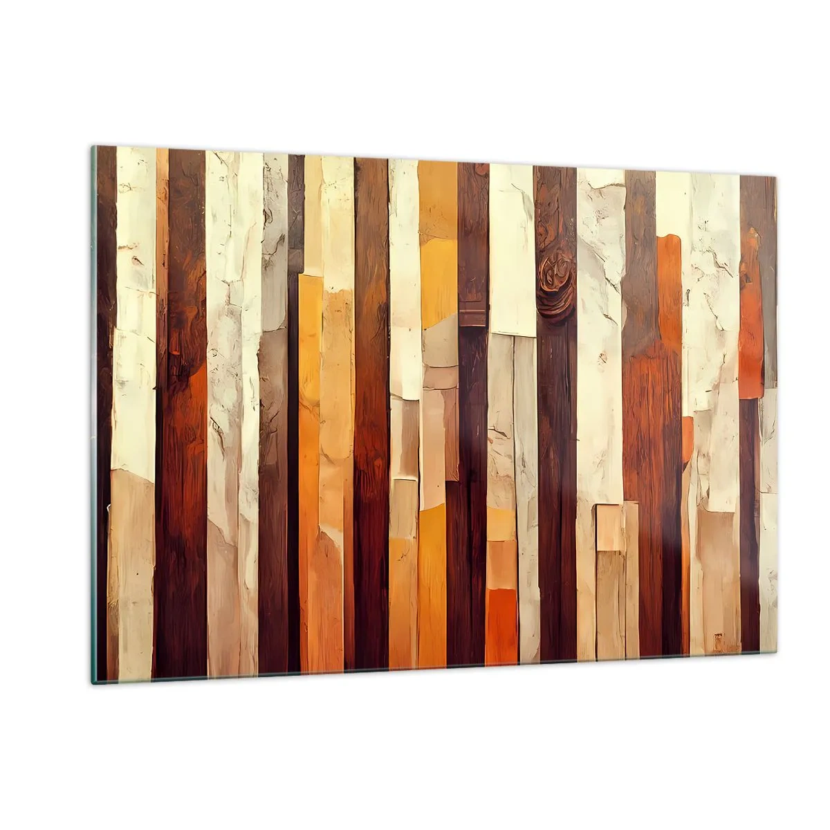 Cuadro sobre vidrio - Impresiones sobre Vidrio - Una composición de rayas verticales en tonos madera y beige. - 120x80cm - Himno de los árboles del bosque - Decoración de pared moderna para salón y dormitorio ARTTOR