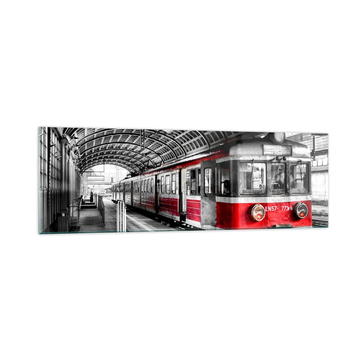 Cuadro sobre vidrio - Impresiones sobre Vidrio - Tren rojo en la estación bajo techo. - 160x50cm - ¿El viaje de su vida? - Decoración de pared moderna para salón y dormitorio ARTTOR
