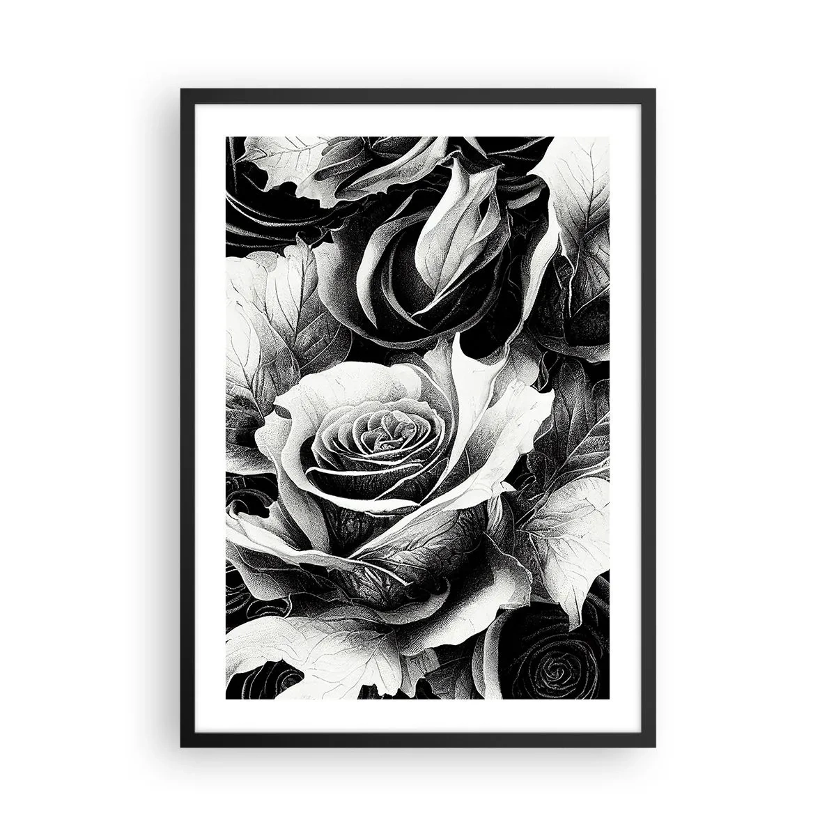 Póster en marco negro - Una composición de rosas en blanco y negro con claroscuro expresivo. - 50x70cm - Siempre como una reina - Decoración de pared moderna para salón y dormitorio ARTTOR
