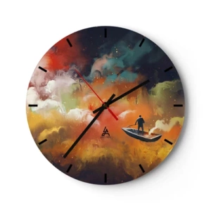 Reloj de pared - Reloj de vidrio - Una figura en un barco en un paisaje surrealista y colorido. - 30x30cm - En barco por la galaxia - Decoración de pared moderna para salón, cocina y dormitorio ARTTOR