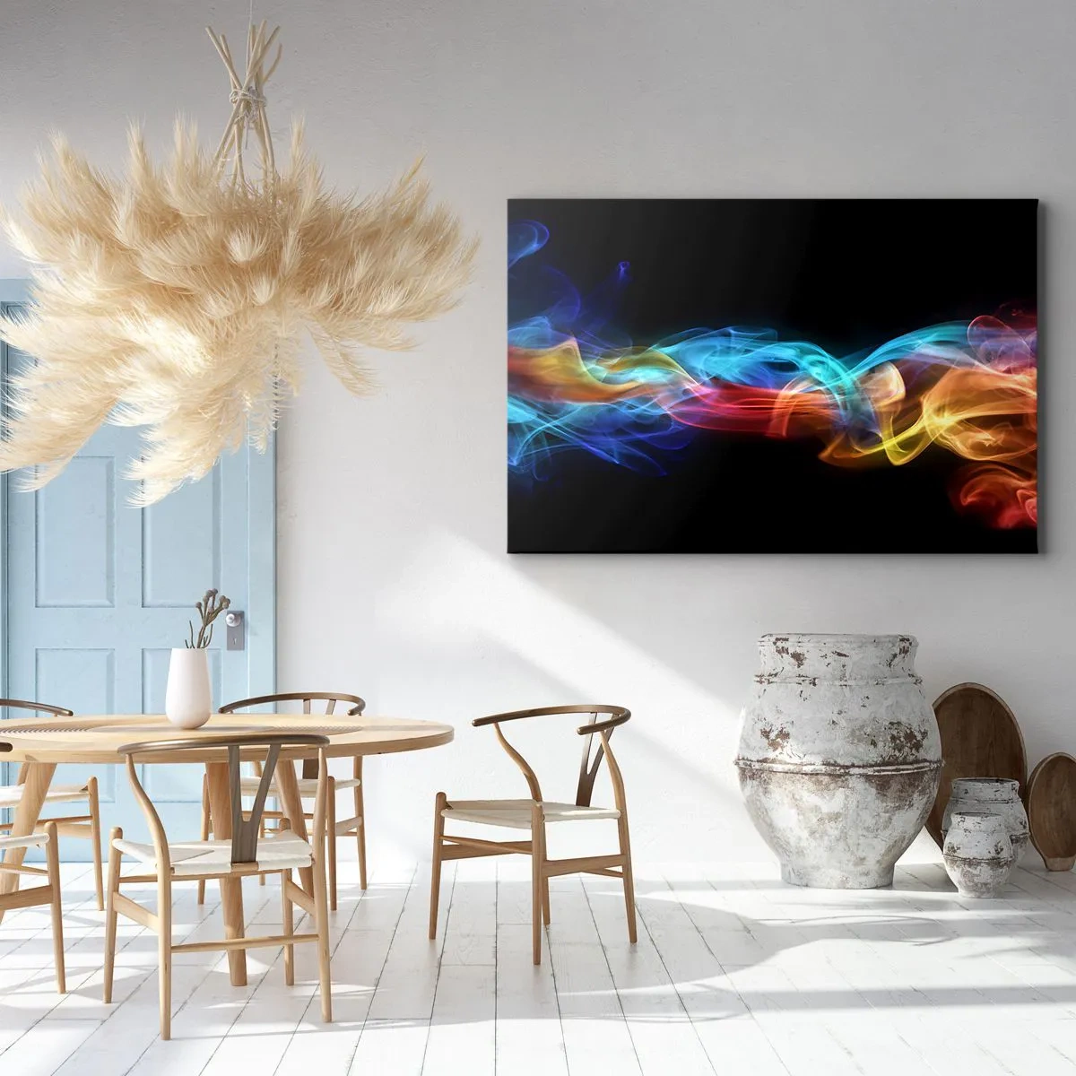 Cuadro sobre lienzo - Impresión de Imagen - Humo colorido sobre un fondo negro - 70x50cm - Una danza de nieblas de arco iris - Decoración de pared moderna para salón y dormitorio ARTTOR