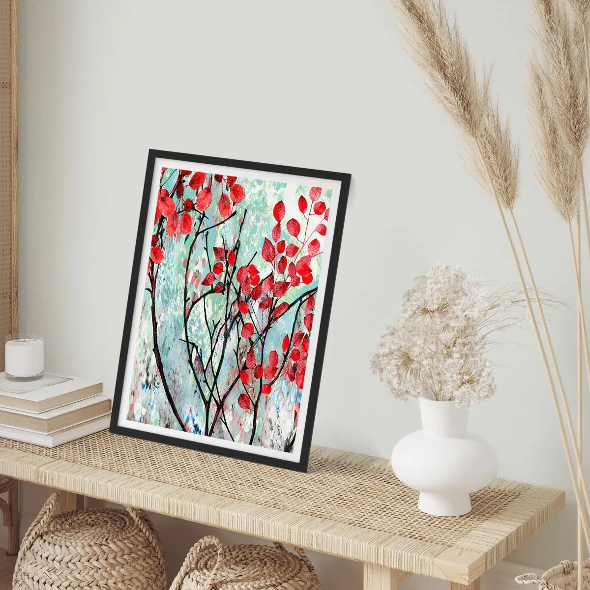Póster en marco negro - Hojas rojas sobre un fondo de textura abstracta - 50x70cm - Un árbol en escarlata - Decoración de pared moderna para salón y dormitorio ARTTOR