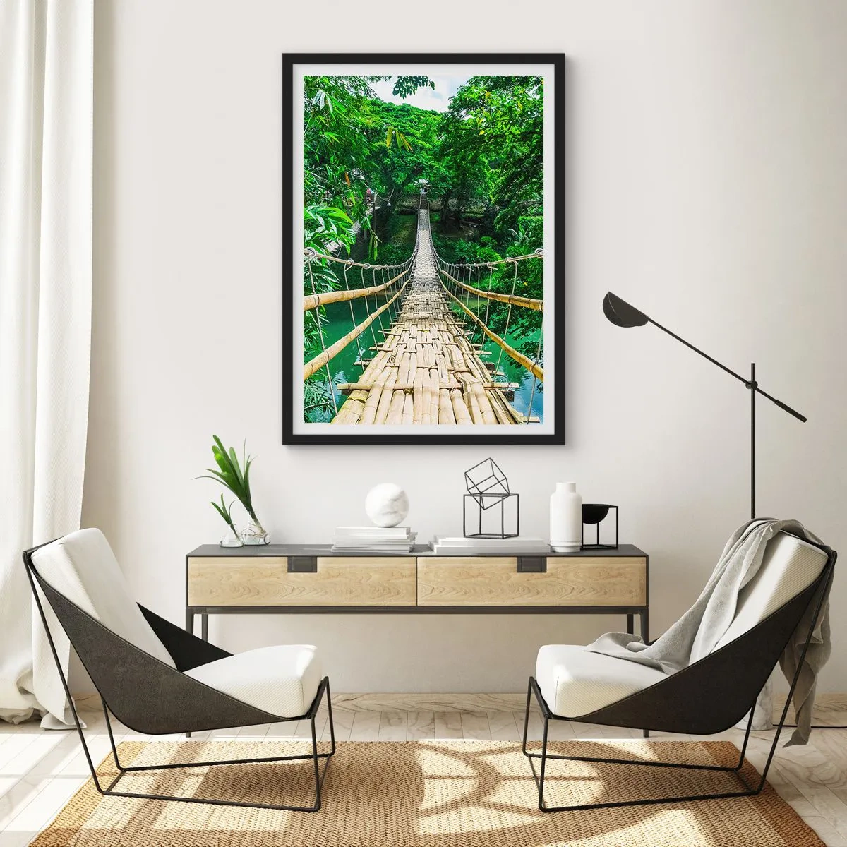 Póster en marco negro - Puente colgante sobre la vegetación - 61x91 cm