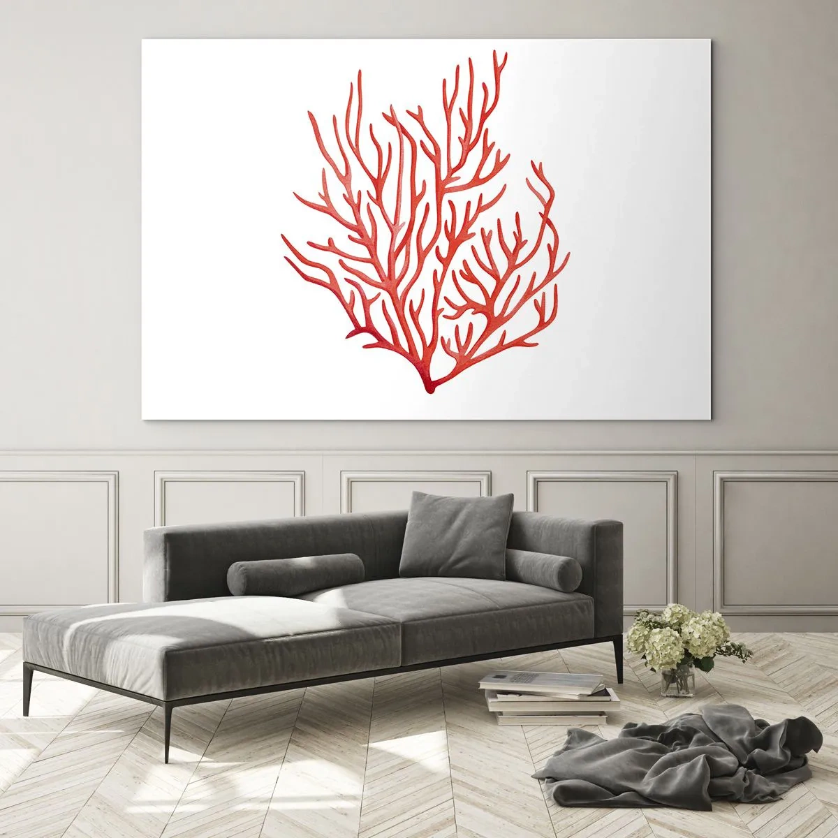 Cuadro sobre vidrio - Impresiones sobre Vidrio - Coral rojo con una estructura de filigrana sobre un fondo blanco. - 70x50cm - Filigrana de coral - Decoración de pared moderna para salón y dormitorio ARTTOR