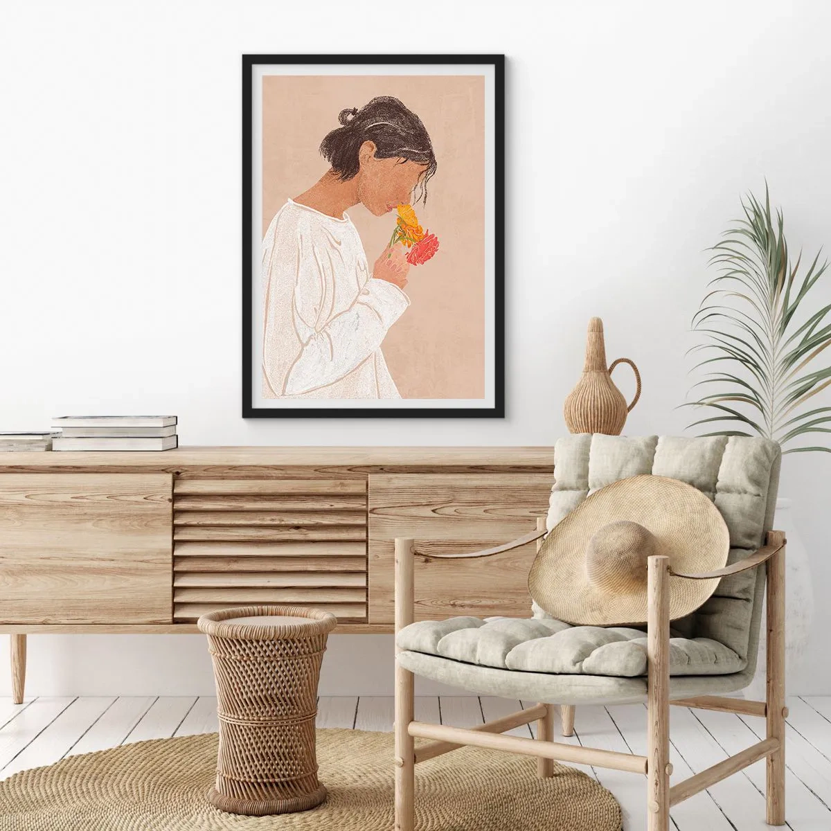 Póster en marco negro - Una mujer vestida de blanco reflexionando sobre las flores. - 50x70cm - Joven con flores - Decoración de pared moderna para salón y dormitorio ARTTOR