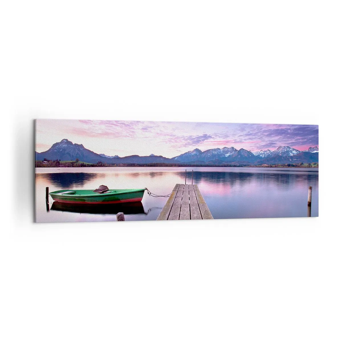 Cuadro sobre lienzo - Impresión de Imagen - Un muelle de madera con un barco en un lago rodeado de montañas al atardecer. - 160x50cm - Un silencio amistoso - Decoración de pared moderna para salón y dormitorio ARTTOR