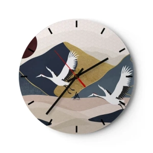 Reloj de pared - Reloj de vidrio - Grúas en vuelo con el telón de fondo de montañas abstractas y el sol. - 30x30cm - Y el día ha vuelto a pasar volando - Decoración de pared moderna para salón, cocina y dormitorio ARTTOR