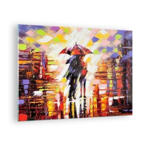 Cuadro sobre vidrio - Impresiones sobre Vidrio - Una pareja bajo un paraguas rojo en una ciudad colorida. - 70x50cm - Juntos a través de la noche y la lluvia - Decoración de pared moderna para salón y dormitorio ARTTOR