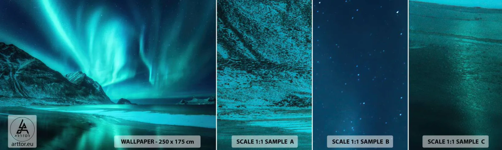 Muestra de fotomural autoadhesivo Deluxe Sticker - Maravillas del norte - Paisaje, Polo Norte, Auroras boreales - 100x30 cm