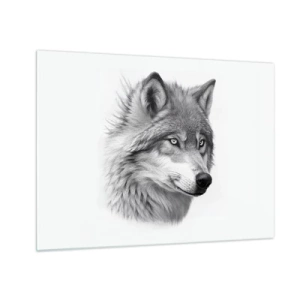 Cuadro sobre vidrio - Impresiones sobre Vidrio - Retrato en blanco y negro de un lobo con una mirada penetrante. - 70x50cm - Alfa - sin duda - Decoración de pared moderna para salón y dormitorio ARTTOR