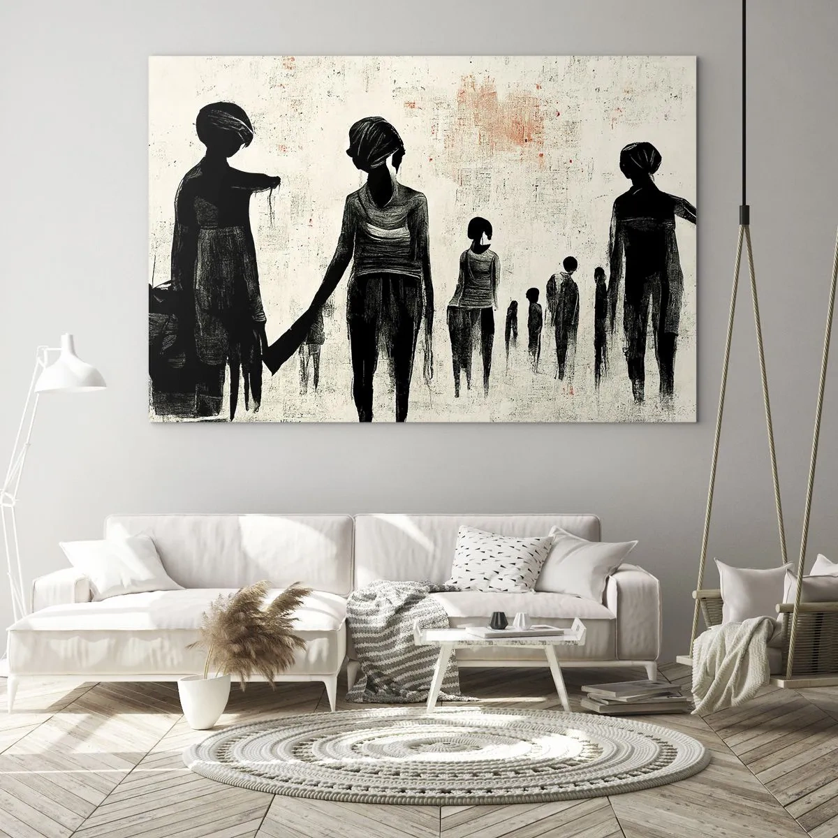 Cuadro sobre vidrio - Impresiones sobre Vidrio - Figuras negras en movimiento sobre un fondo claro con textura roja. - 120x80cm - Contra la soledad - Decoración de pared moderna para salón y dormitorio ARTTOR