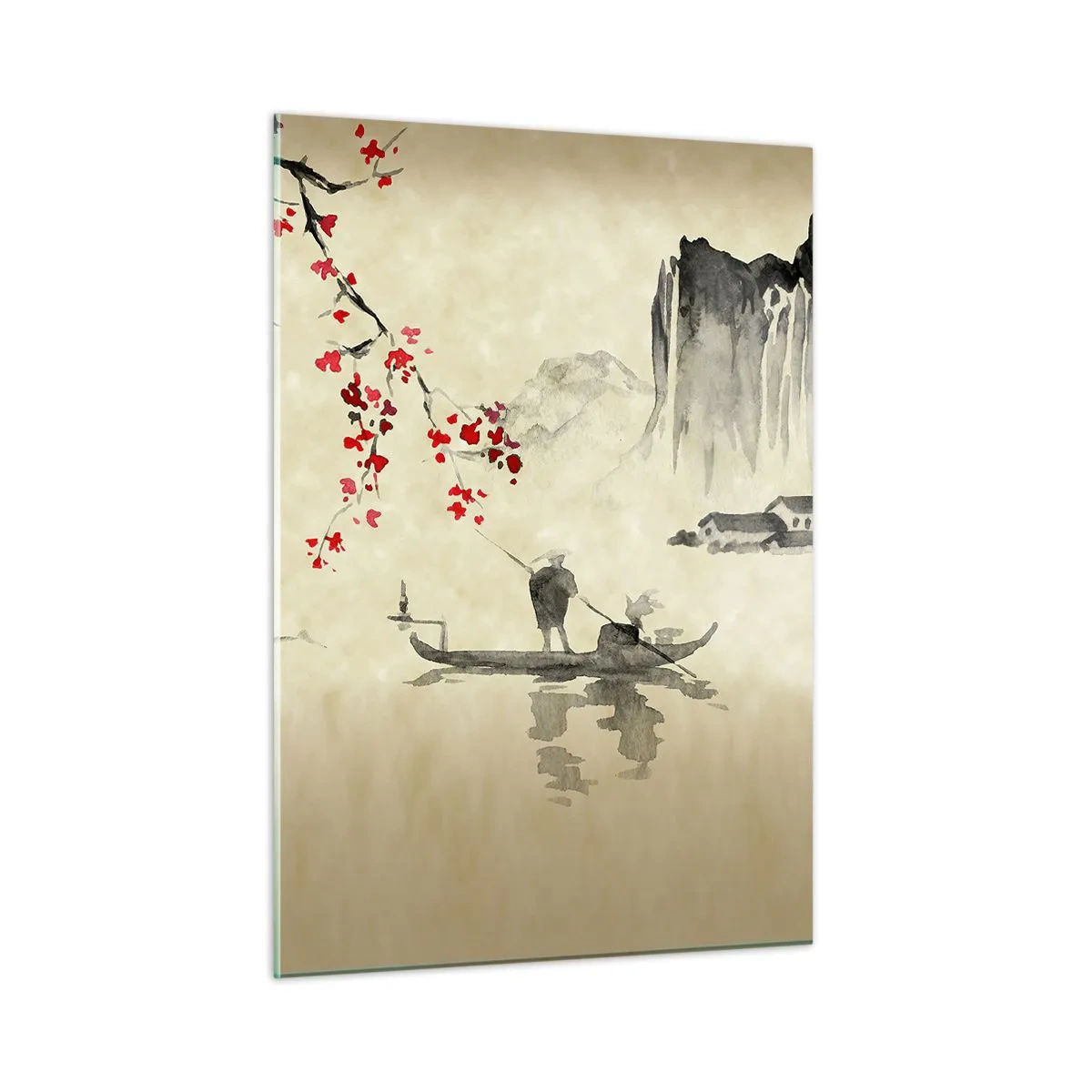 Cuadro sobre vidrio - Impresiones sobre Vidrio - Escena de pesca oriental con rama de flor de cerezo y montañas. - 50x70cm - En el país de los cerezos en flor - Decoración de pared moderna para salón y dormitorio ARTTOR