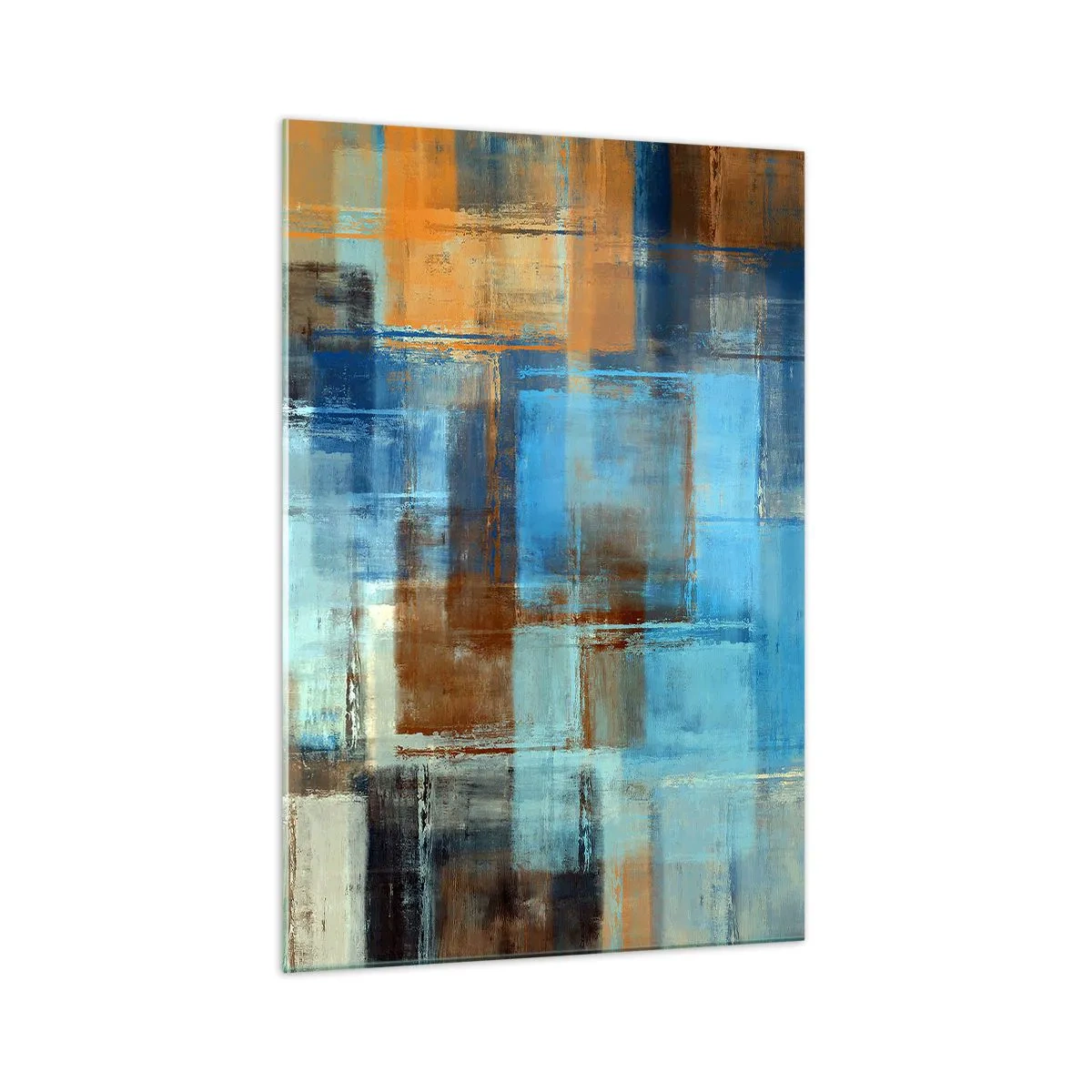 Cuadro sobre vidrio - Impresiones sobre Vidrio - Composición geométrica abstracta en tonos azules y marrones. - 70x100cm - A través del velo azul - Decoración de pared moderna para salón y dormitorio ARTTOR