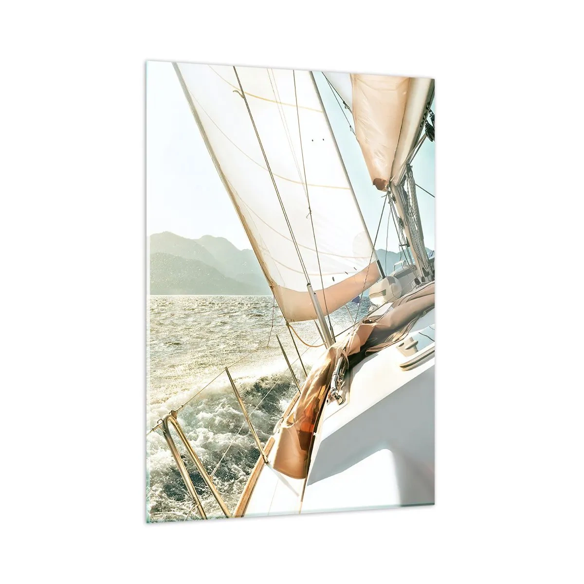 Cuadro sobre vidrio - Impresiones sobre Vidrio - Un yate de vela con el telón de fondo de montañas y un cielo azul. - 50x70cm - A toda vela - Decoración de pared moderna para salón y dormitorio ARTTOR
