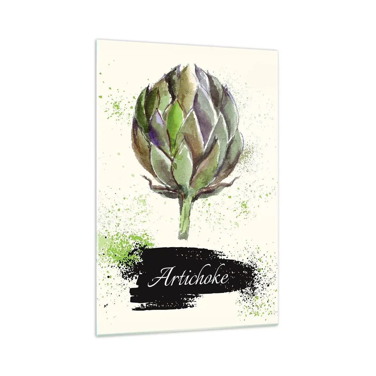 Cuadro sobre vidrio - Impresiones sobre Vidrio - Alcachofa de acuarela con texto sobre un fondo claro con acentos verdes. - 70x100cm - El sabor del otoño - Decoración de pared moderna para salón y dormitorio ARTTOR