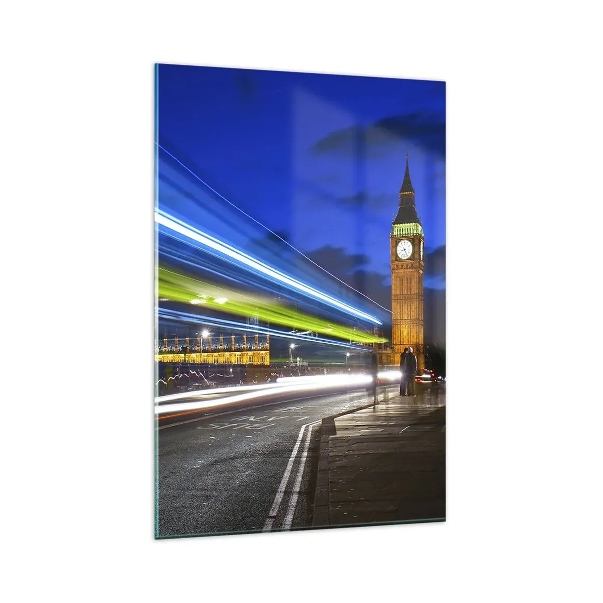 Cuadro sobre vidrio - Impresiones sobre Vidrio - El Big Ben de noche con el efecto de las luces en el tráfico de la calle. - 80x120cm - Bajo la mirada del Big Ben - Decoración de pared moderna para salón y dormitorio ARTTOR