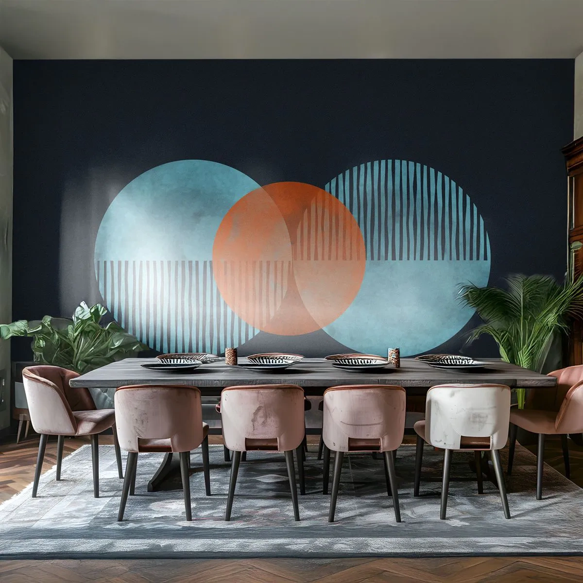 Fotomural Premium Sand - Gráficos geométricos modernos con círculos en tonos azules y naranjas. - 100x70cm - Composición simétrica - Decoración de pared moderna para salón y dormitorio ARTTOR