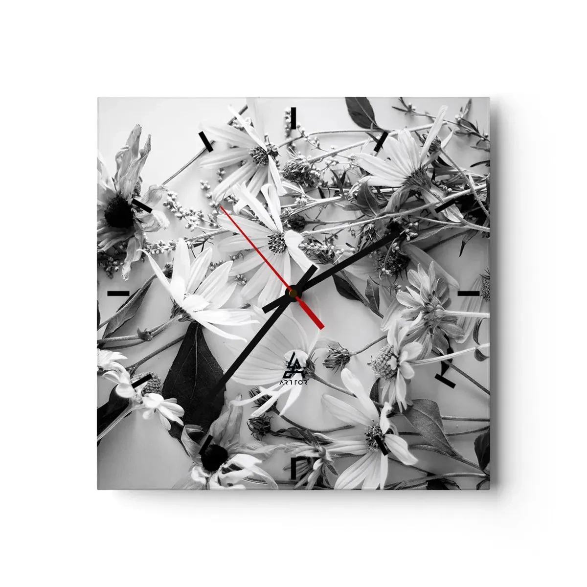 Reloj de pared - Reloj de vidrio - Arreglos florales en blanco y negro en un sutil estilo artístico. - 30x30cm - Un no ramo de flores - Decoración de pared moderna para salón y dormitorio ARTTOR