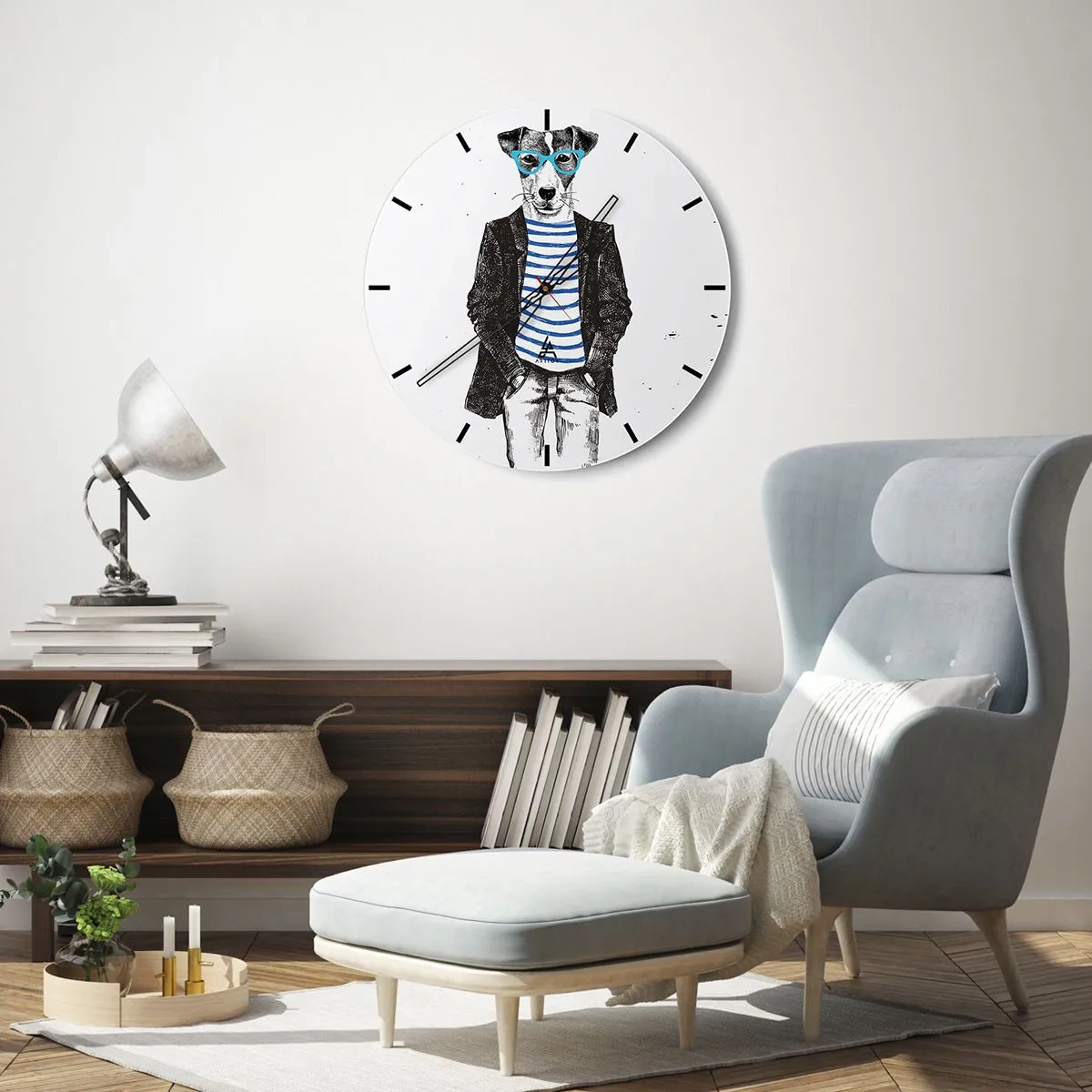Reloj de pared - Reloj de vidrio - Un perro con gafas y camisa de marinero. - 30x30cm - El encanto del perro - Decoración de pared moderna para salón, cocina y dormitorio ARTTOR