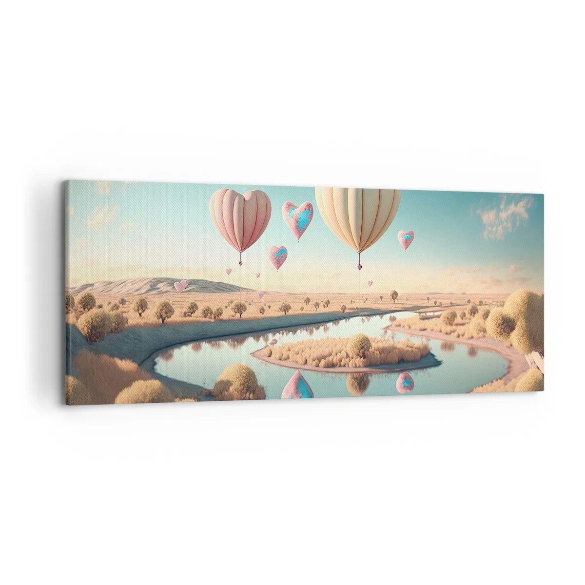Cuadro sobre lienzo - Impresión de Imagen - Globos en forma de corazón flotando sobre el paisaje. - 120x50cm - El amor te hace volar - Decoración de pared moderna para salón y dormitorio ARTTOR