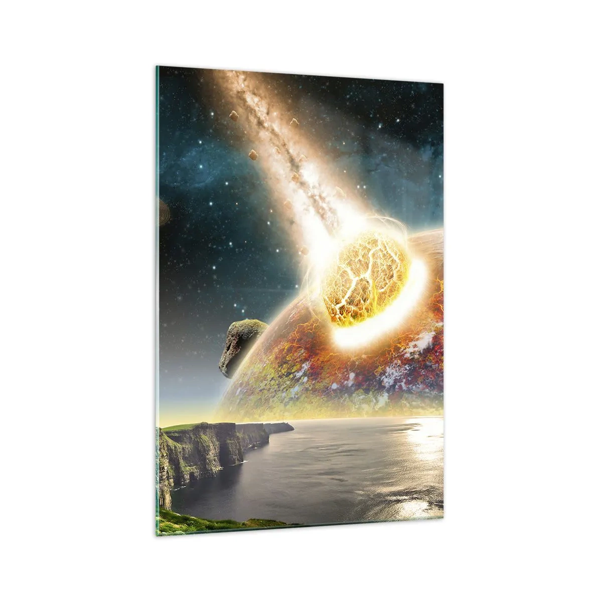 Cuadro sobre vidrio - Impresiones sobre Vidrio - Un meteorito choca con un planeta en un paisaje cósmico. - 70x100cm - Drama cósmico - Decoración de pared moderna para salón y dormitorio ARTTOR