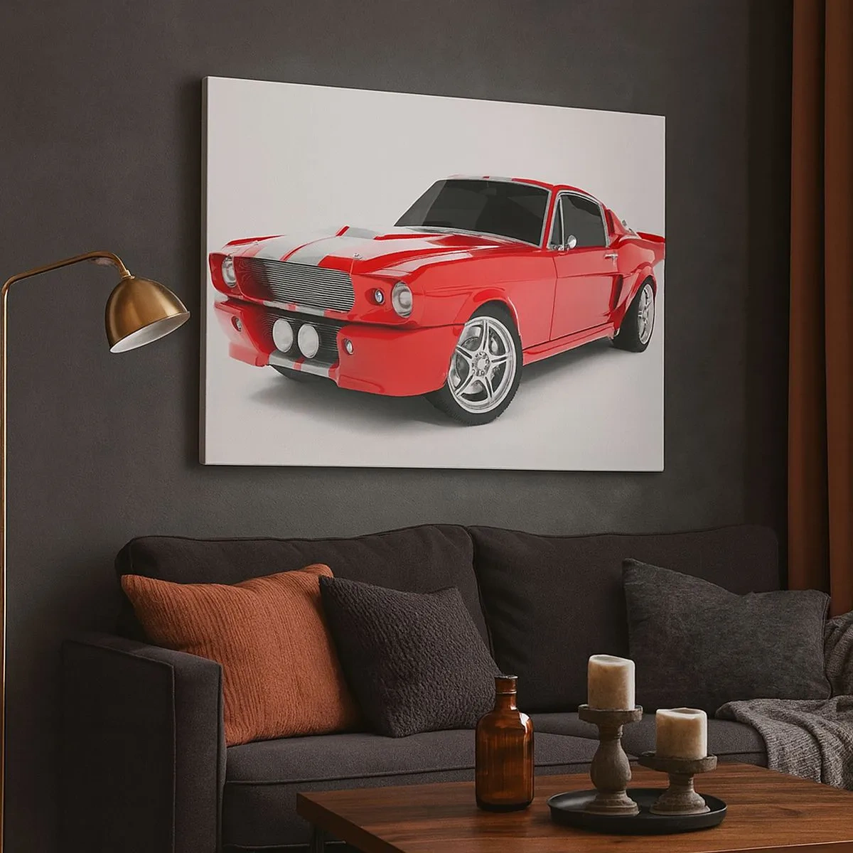 Cuadro sobre lienzo - Impresión de Imagen - Coche deportivo rojo con rayas blancas. - 70x50cm - Mustang veloz como el viento - Decoración de pared moderna para salón y dormitorio ARTTOR