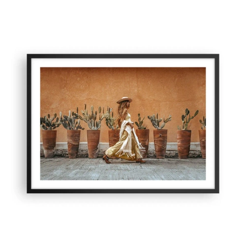 Póster en marco negro - Una mujer en estilo boho con macetas de cactus al fondo. - 70x50cm - Estilo hippie - Decoración de pared moderna para salón y dormitorio ARTTOR