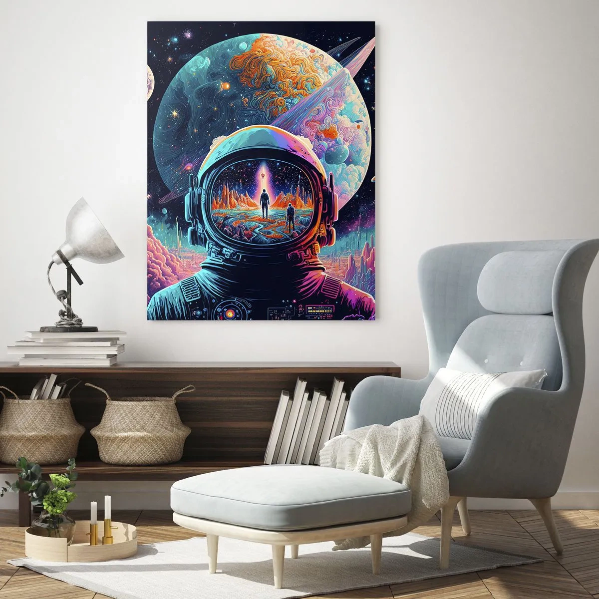 Cuadro sobre vidrio - Impresiones sobre Vidrio - Un paisaje espacial con un astronauta y un planeta surrealista. - 50x70cm - Sueños de niño - Decoración de pared moderna para salón y dormitorio ARTTOR