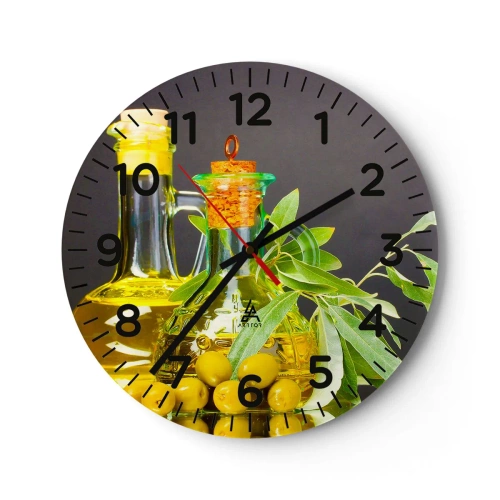 Reloj de pared - Reloj de vidrio - Bodegón con aceitunas y aceite - 30x30 cm